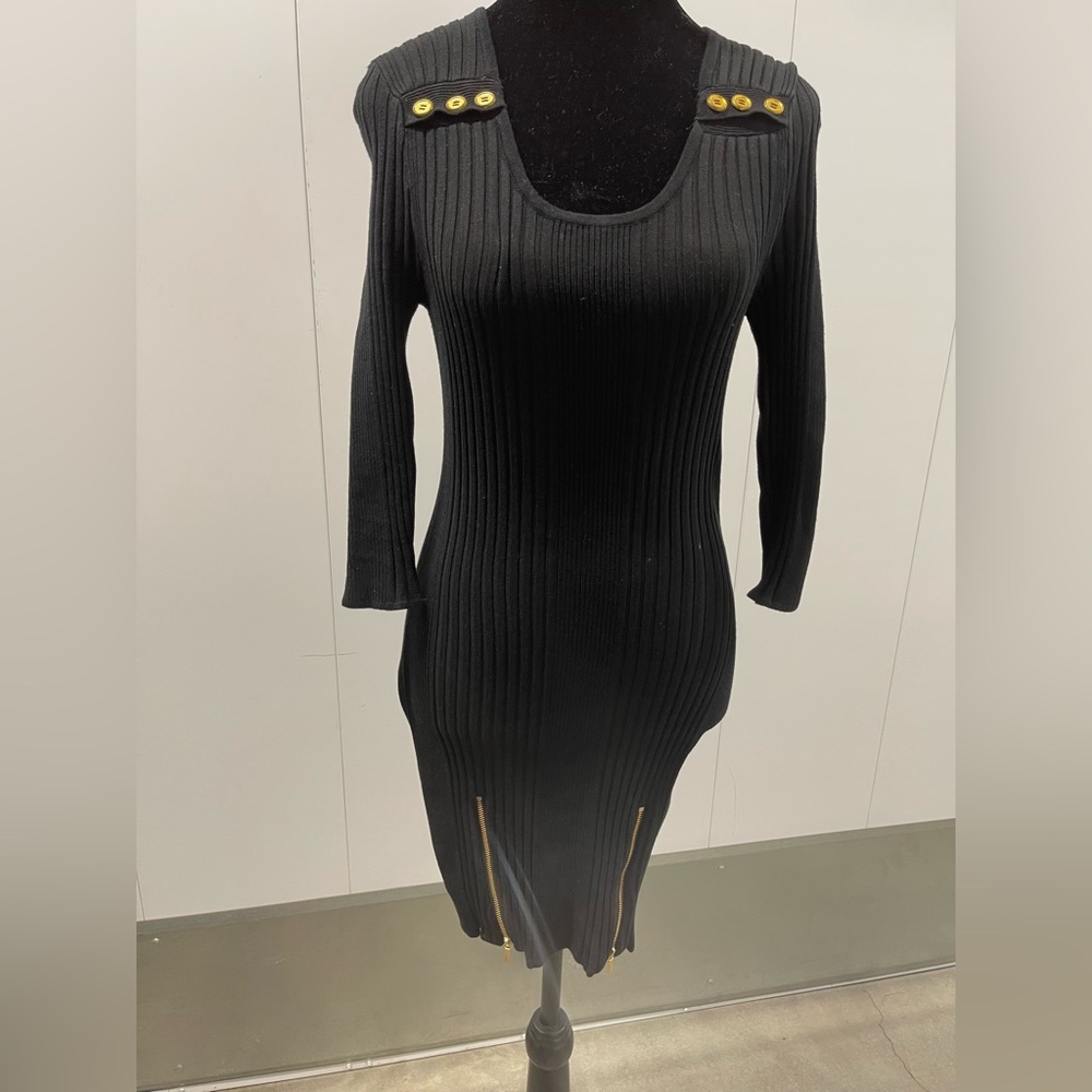 bebe Black Ribbed Dress with Gold Accents